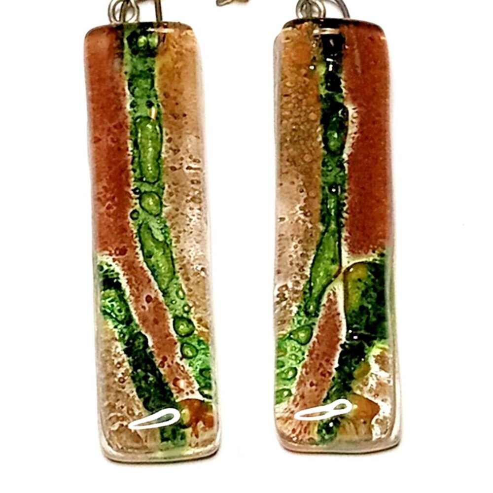 Chilean Made Fused Green Sparkled Art Glass Earrings Silver Tone Hooked Dangle